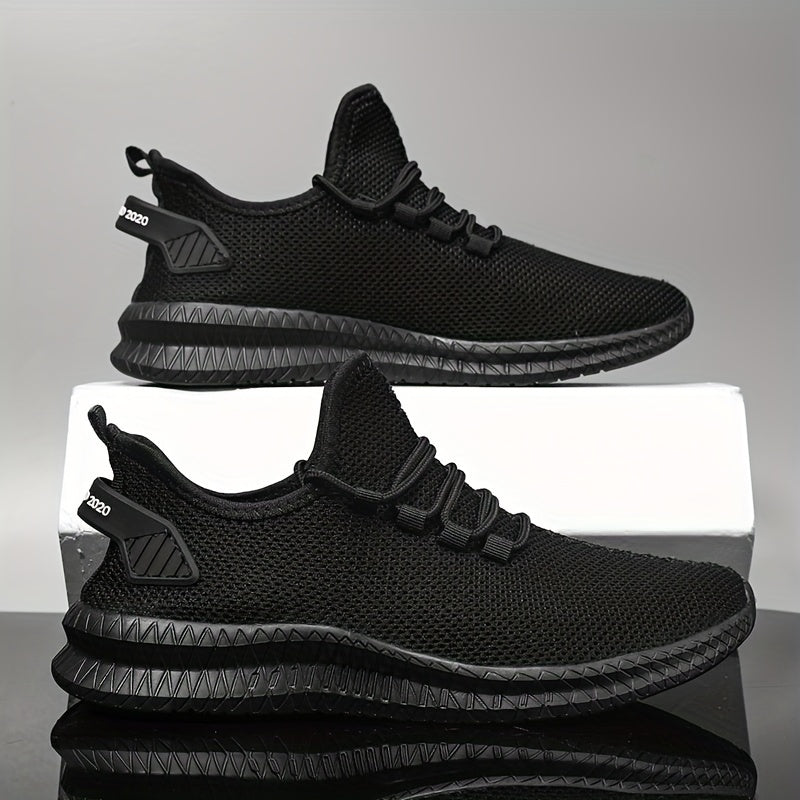 Men's Trendy Solid Woven Knit Breathable Sneakers, Comfy Non Slip Lace Up Soft Sole Shoes For Men's Outdoor Activities