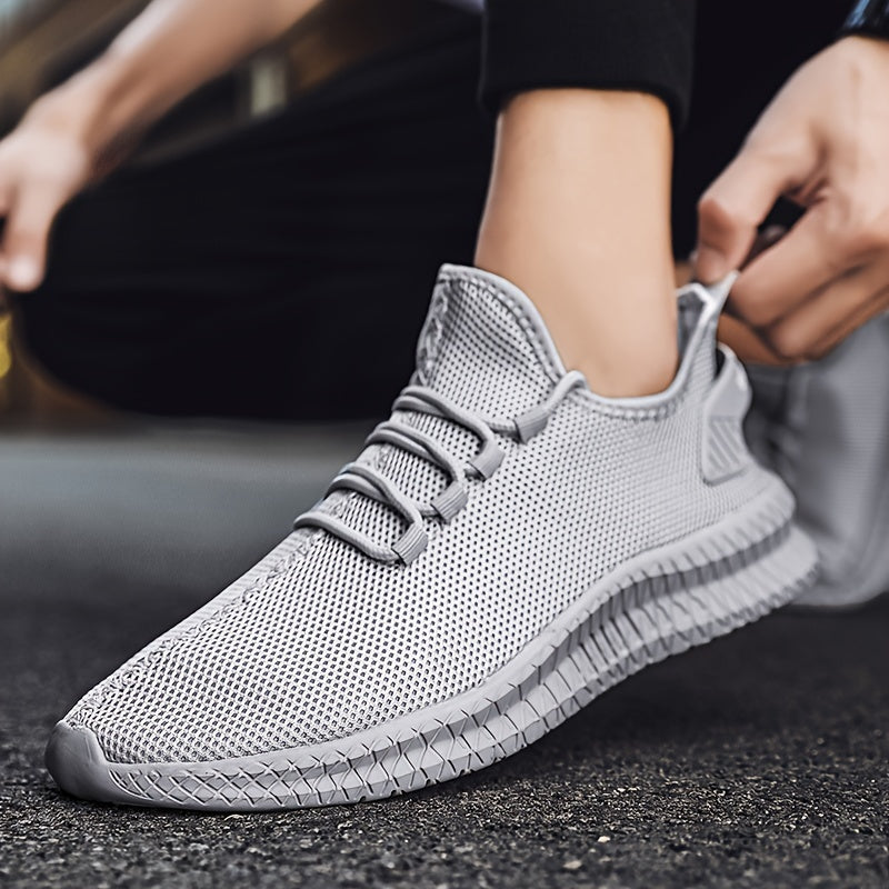 Men's Trendy Solid Woven Knit Breathable Sneakers, Comfy Non Slip Lace Up Soft Sole Shoes For Men's Outdoor Activities