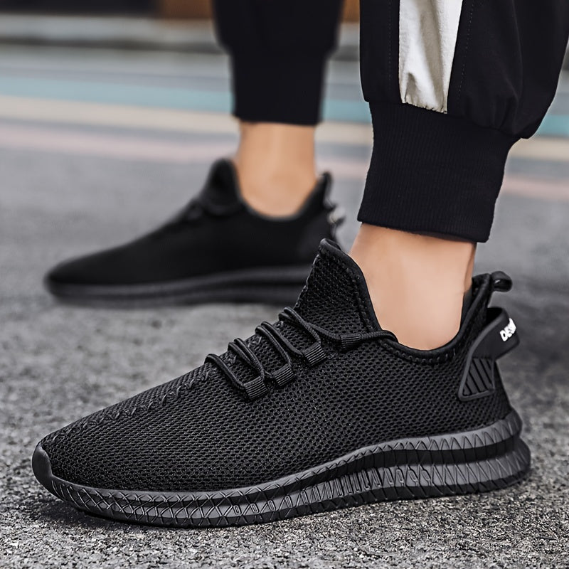 Men's Trendy Solid Woven Knit Breathable Sneakers, Comfy Non Slip Lace Up Soft Sole Shoes For Men's Outdoor Activities