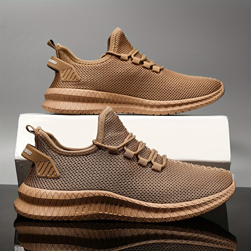 Men's Trendy Solid Woven Knit Breathable Sneakers, Comfy Non Slip Lace Up Soft Sole Shoes For Men's Outdoor Activities