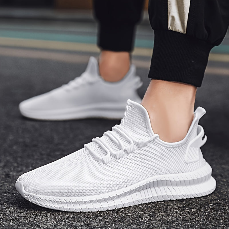 Men's Trendy Solid Woven Knit Breathable Sneakers, Comfy Non Slip Lace Up Soft Sole Shoes For Men's Outdoor Activities