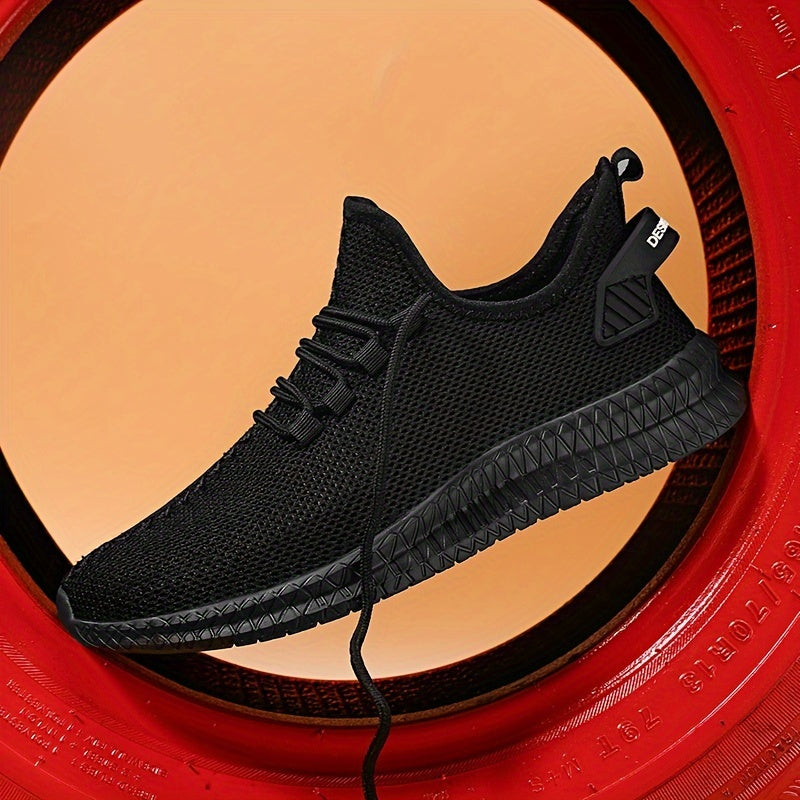 Men's Trendy Solid Woven Knit Breathable Sneakers, Comfy Non Slip Lace Up Soft Sole Shoes For Men's Outdoor Activities