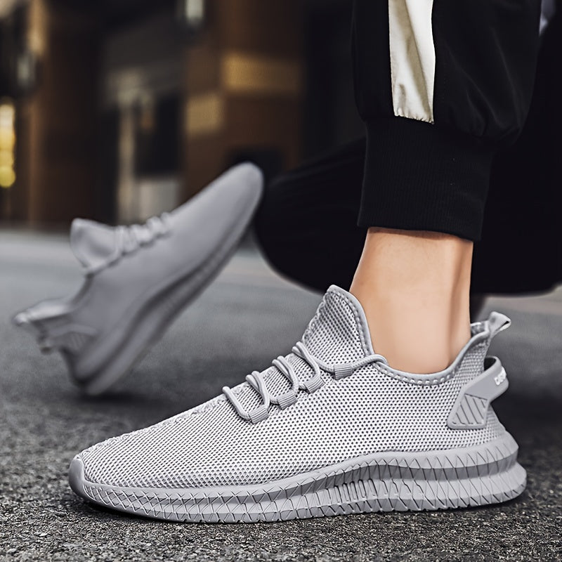 Men's Trendy Solid Woven Knit Breathable Sneakers, Comfy Non Slip Lace Up Soft Sole Shoes For Men's Outdoor Activities